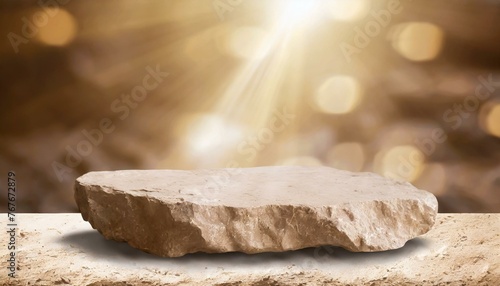 Earthen Elegance: Beige Stone Podium with Sunlight Shadow and Blurred Scene