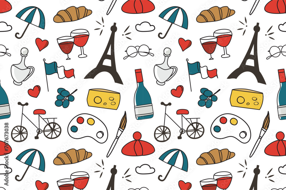 Seamless pattern with French symbols, France vector illustrations, colored ornament of cheese, wine, croissant, Eifel tower on white background, travel to Paris, cute doodle icons for wrapping Seamless pattern with French symbols, France vector illustrations, colored ornament of cheese, wine, croissant, Eifel tower on white background, travel to Paris, cute doodle icons for wrapping