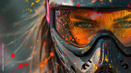 Generative AI illustration of Intense Close-Up of a Paintballer Woman in Colorful Mask.