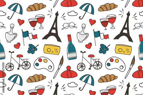 Seamless pattern with French symbols, France vector illustrations, colored ornament of cheese, wine, croissant, Eifel tower on white background, travel to Paris, cute doodle icons for wrapping