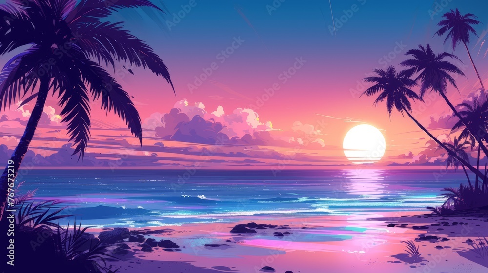 Anime retrowave beach background, wallpaper, art