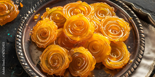  Indian food called sweet jalebi on a glistening glass platter in a festive Indian  photo