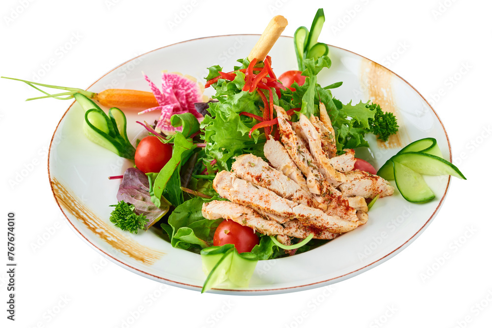 Fresh salad with grilled chicken breast, arugula and tomato. Top view Fresh salad with grilled chicken breast, arugula and tomato. Top view
