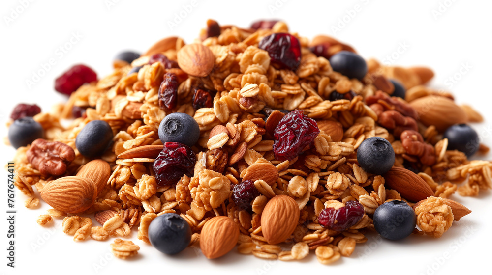 Granola with berries and nuts on white background, closeup Granola with berries and nuts on white background, closeup
