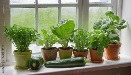 Grow your own trend, people growing veggies and herbs indoors on a sunny windowsill colorful background