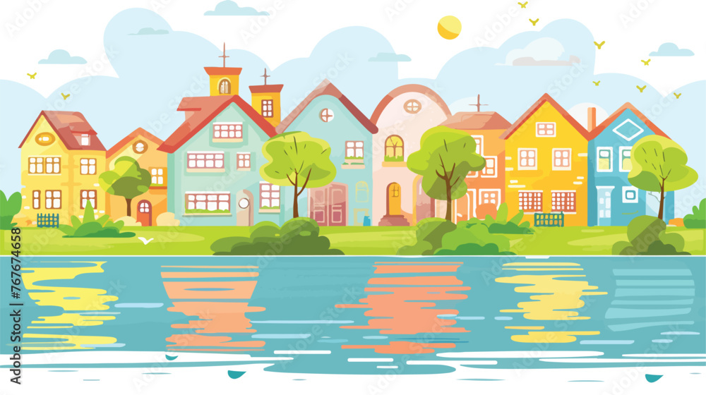 Riverside Town Scenery flat vector isolated on white