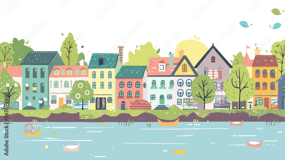 Riverside Town Scenery flat vector isolated on white