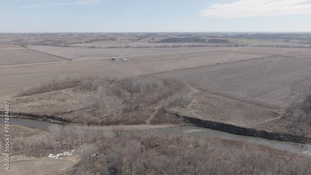 West Nodaway River, meandering through agricultural land, from above, in winter West Nodaway River, meandering through agricultural land, from above, in winter