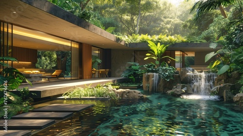 Modern House Integrated with Nature Featuring a Waterfall and Pond © lin