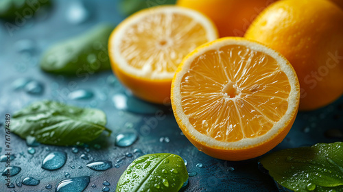 Fresh ripe lemons with green leaves on color background, closeup