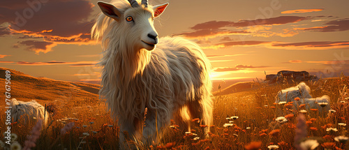 a goat standing in a field of flowers at sunset