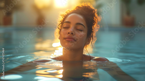 Beautiful african american woman relaxing in swimming pool at sunset