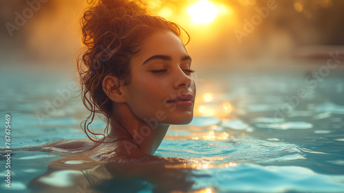Portrait of a beautiful young woman relaxing in swimming pool at sunset