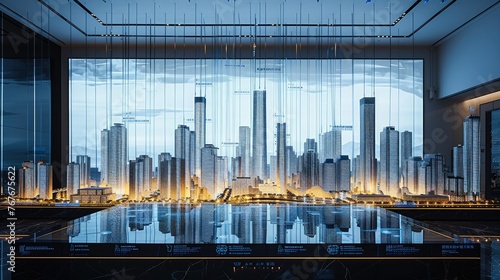 In front of a large LED electronic screen, there are many glass curtain wall skyscraper building complex models placed on a dark marble table. Generative AI.