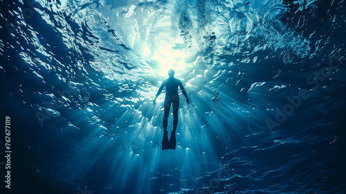 underwater shot of freediver ascending from the deep photo