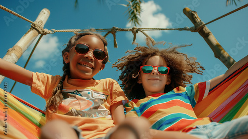 two multiethnic 7 year old kids on hammocks smiling in sunny day photo