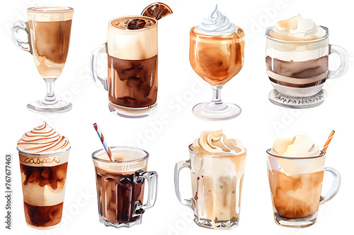 Watercolor painting realistic Set with different types of coffee drinks on white background. Clipping path included.