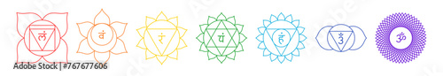 Chakra set, line art symbols. Meditation, spirituality, energy, healing vector illustration icon set on white background