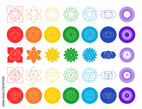 Chakra set, line art symbols. Meditation, spirituality, energy, healing vector illustration icon set on white background