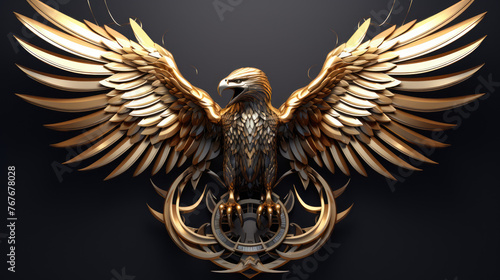 3d metallic gold eagle head on black beautiful texture background. Beautiful 3D print design for interior, wall, wallpaper, canvas. Video game logo