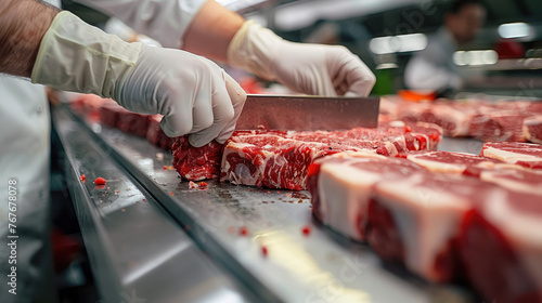 Workers use a cutter to cut a single eye steak, focusing on close-ups of hands and meat. Generative AI. photo