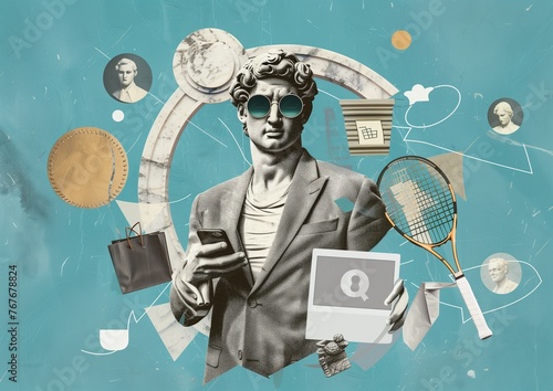 Modern twist on classical art. A collage featuring a classical statue head wearing sunglasses, dressed in a suit, holding a smartphone photo