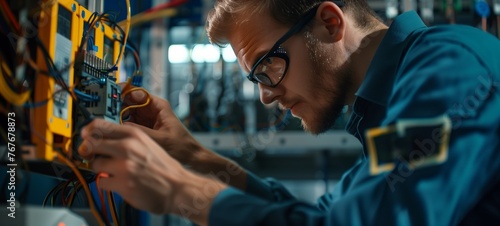 Technician working on electronic equipment. Close-up of a man in a blue shirt focusing on wiring and maintenance of a complex control panel.