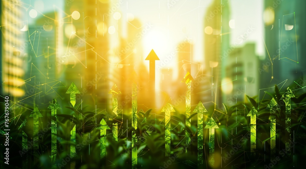Economic growth concept. Digitally enhanced image of green plants with upward arrows, symbolizing growth, against a backdrop of an urban skyline with a glowing sunrise.