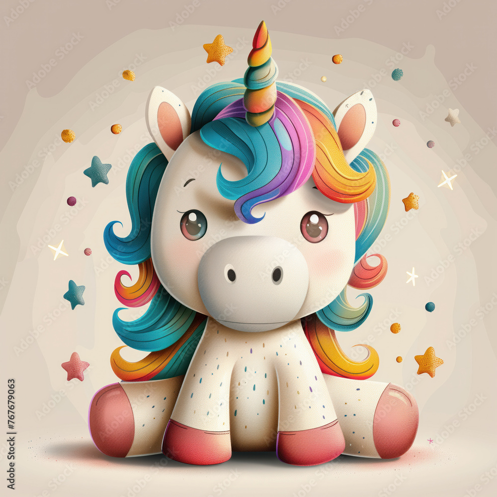 Naklejka premium Cute Funny Cartoon Unicorn, Illustration for Children Book, Generative AI