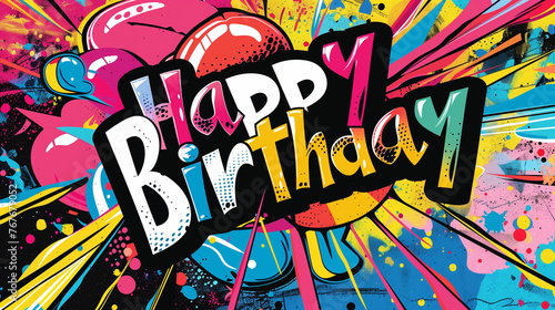 vibrant "Happy Birthday" greeting card in a comic style