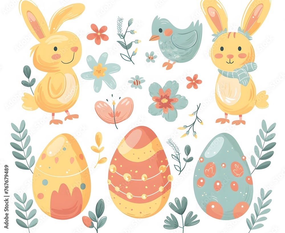 Easter Bunny, Chicks and Easter Eggs Clipart set
