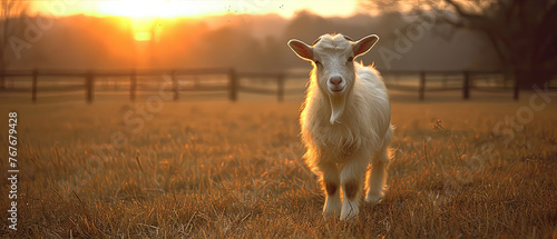 a goat that is standing in the grass at sunset