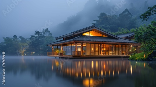Traditional Japanese Ryokan Onsen by Misty Lake at Dusk