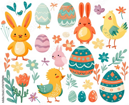 Easter Bunny, Chicks and Easter Eggs Clipart set