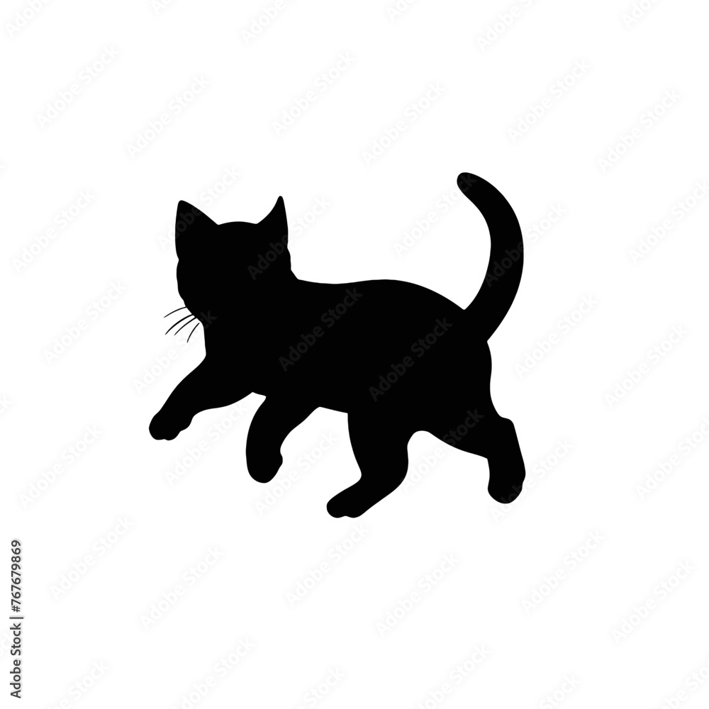 A black silhouette of a cute little kitten walking, simple SVG, white background
