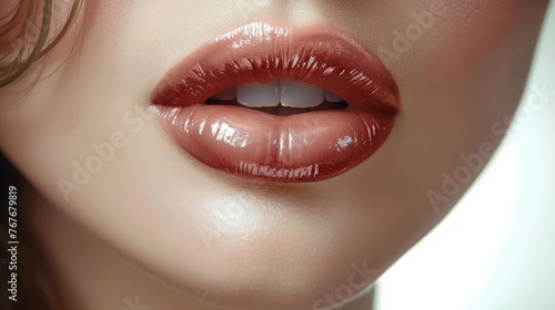 Beautiful woman's lips closeup, isolated on white background. A beautiful face with perfect clear natural pink glossy color lip and natural makeup. Generative AI. photo