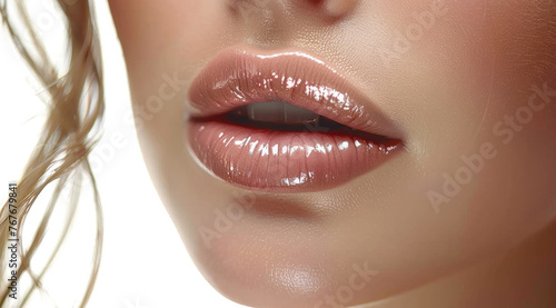 Beautiful woman s lips closeup  isolated on white background. A beautiful face with perfect clear natural pink glossy color lip and natural makeup. Generative AI.