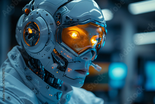 a cyborg man working in the futuristic laboratory generative by ai