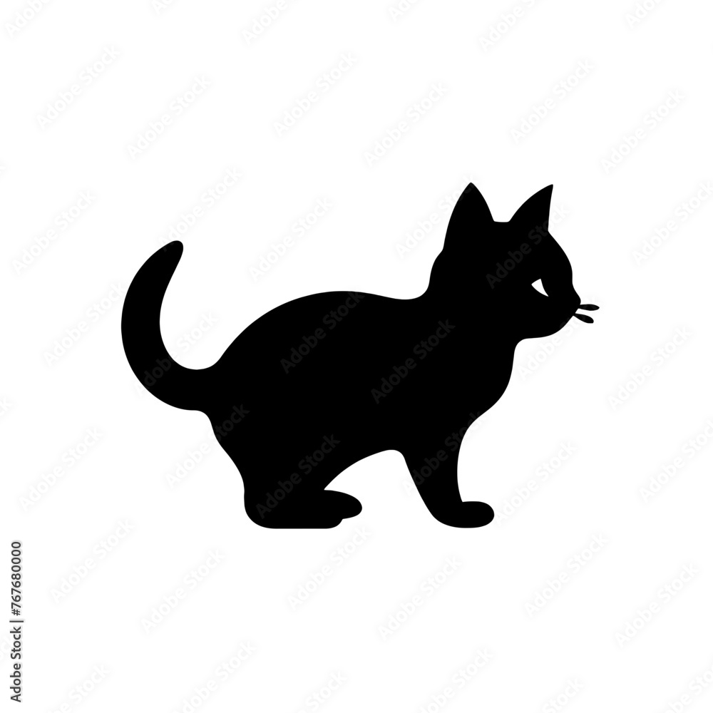 A black silhouette of a cute little kitten walking, simple SVG, white background