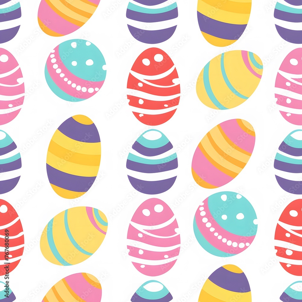 Easter pattern with colorful striped eggs, white background, seamless repeating patterns Easter pattern with colorful striped eggs, white background, seamless repeating patterns