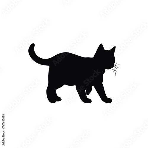 A black silhouette of a cute little kitten walking, simple SVG, white background © vectorcyan