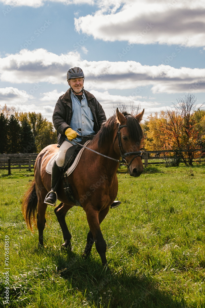 Man rides brown chestnut stallion horse with fields and fall trees Man rides brown chestnut stallion horse with fields and fall trees