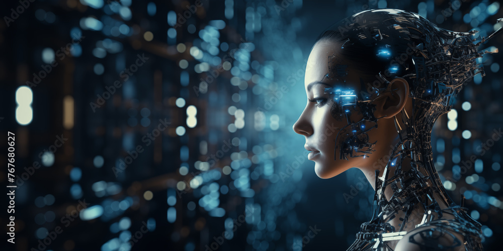 Artificial Intelligence background.Glow of Technology. Digital Life of Reason. Futuristic robot. Programming coding technology development, machine learning concept. Robotic bionic science research.
