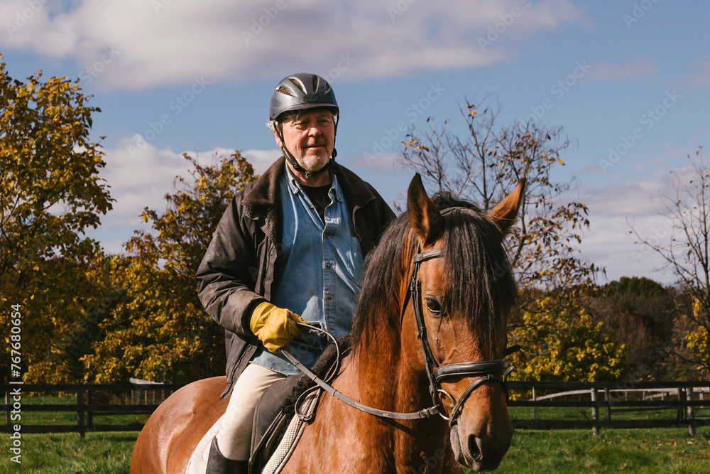 Man rides brown chestnut horse through fall tree fields Man rides brown chestnut horse through fall tree fields