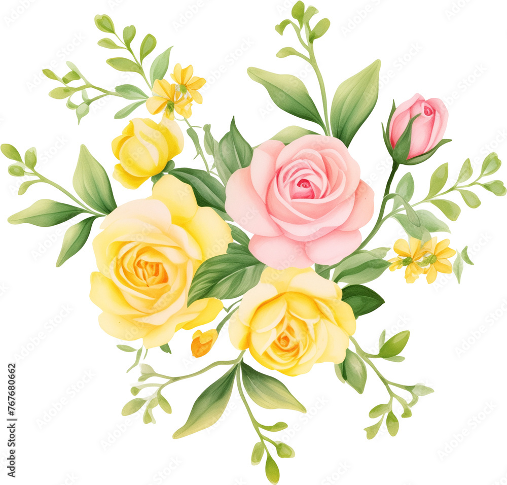 watercolor illustration yellow Rose flower and green leaves. Florist bouquet, International Women's Day, Mother's Day, wedding flowers.