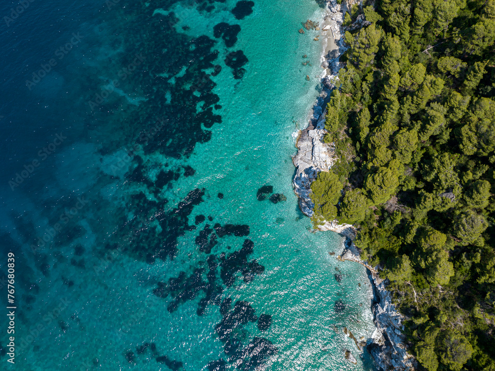 Drone view of the Mediterranean and coast of Skopelos Island, Greece Drone view of the Mediterranean and coast of Skopelos Island, Greece