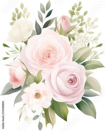 watercolor illustration pink  red  white Rose flower and green leaves. Florist bouquet  International Women s Day  Mother s Day  wedding flowers.