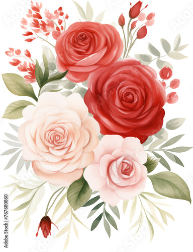 watercolor illustration pink, red, white Rose flower and green leaves. Florist bouquet, International Women's Day, Mother's Day, wedding flowers.