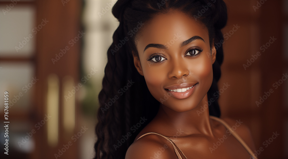 Une belle femme noire, heureuse et souriante, modèle de beauté. - obrazy, fototapety, plakaty 