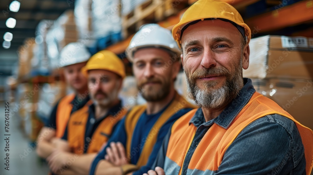In the warehouse, positive middle-aged male employees pose with their co-workers. Portrait of staff. Generative AI. In the warehouse, positive middle-aged male employees pose with their co-workers. Portrait of staff. Generative AI.